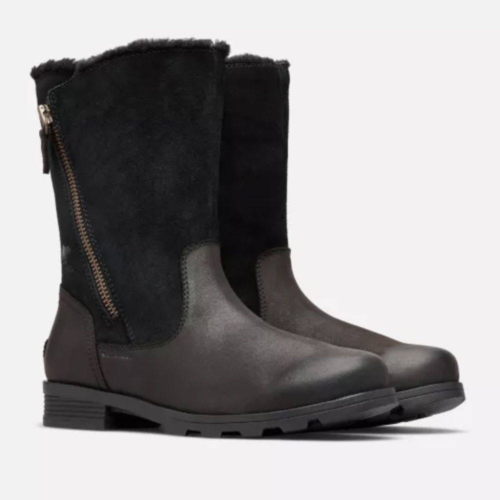 SOREL Emelie Black Leather Suede Boots | Sherpa Side Zip sz 6